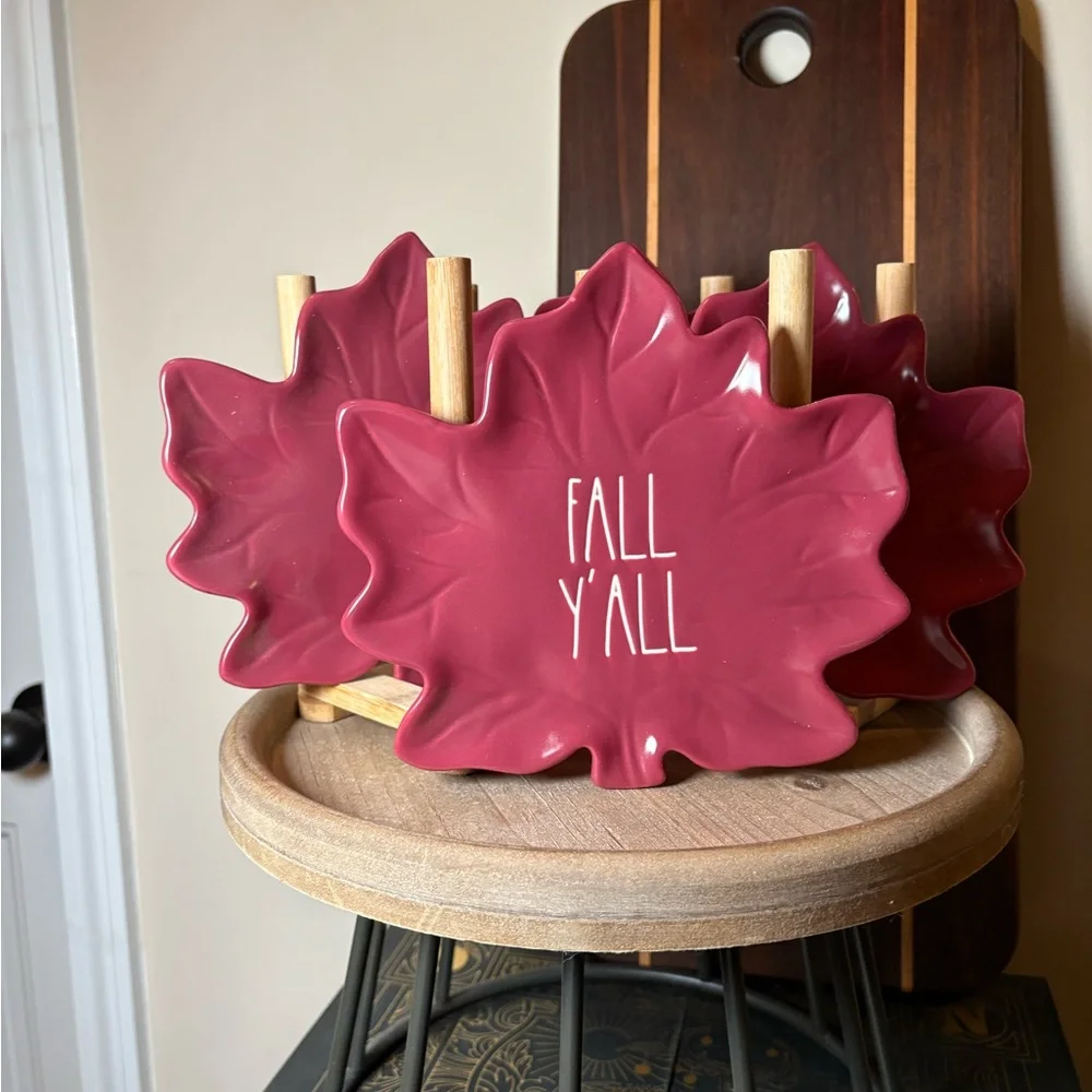 Rae Dunn Maroon “Fall Y'all” Maple Leaf-Shaped Plates